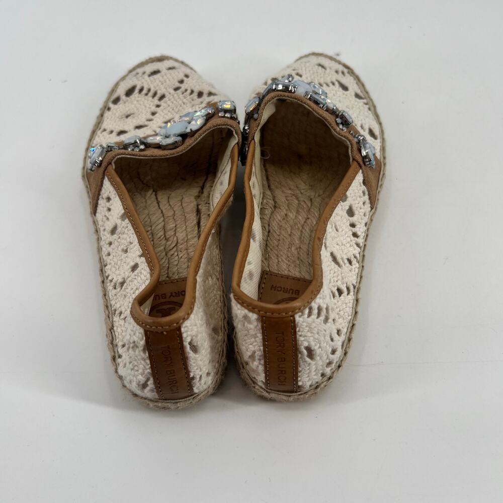 Tory Burch Cream & Tan crochet macrame Espadrilles with Blue Embellishments sz 7 - Picture 6 of 9